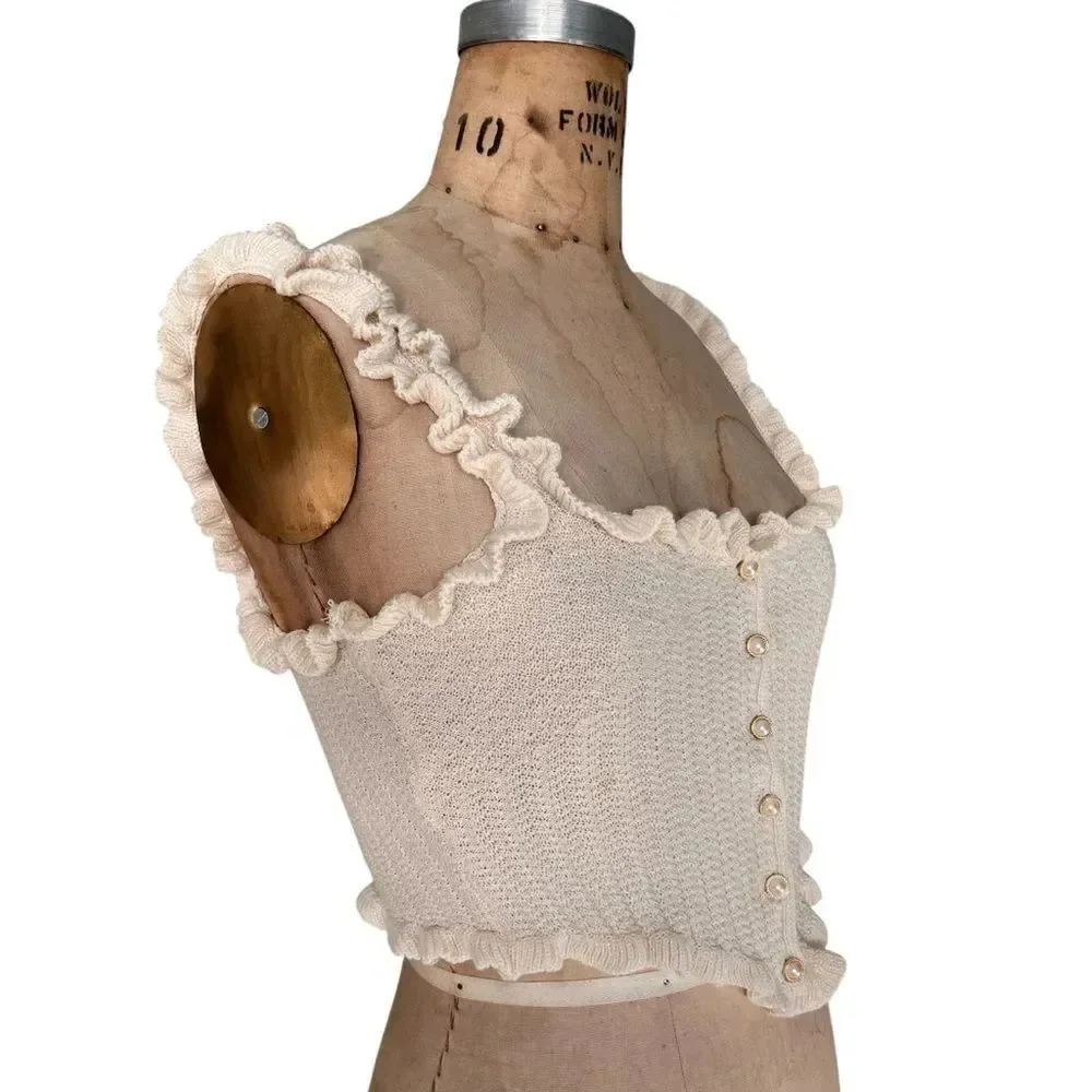Cream Knit Crop Top with Pearl Button Detailing Size S